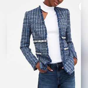 Zara Blue Tweed Fringed Open-Front Blazer
